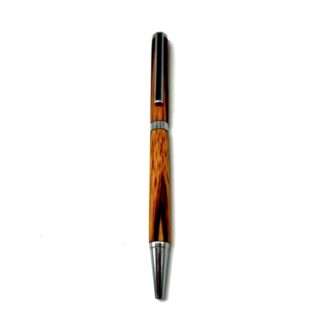 Vertical shot of a brown wood-grain pen with a silver clip and band on a white background.