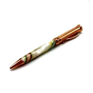 Decorative ballpoint pen with a copper finish and marbled barrel on a white background, angled diagonally.