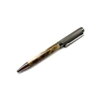 Pen with a marbled brown barrel and metal cap, lying diagonally on a white background in a close-up shot.